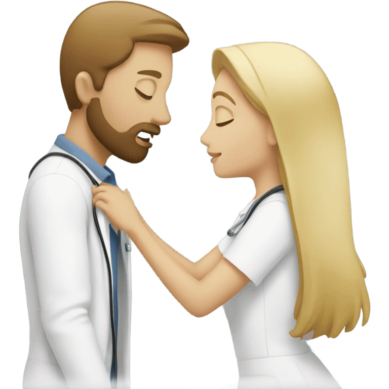 Blonde nurse kissing man with brown hair and beard emoji