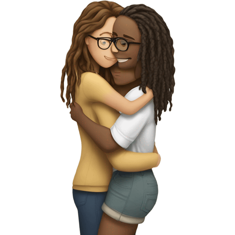 Tan girl with glasses and locs hugging a white girl with brown wavy hair emoji