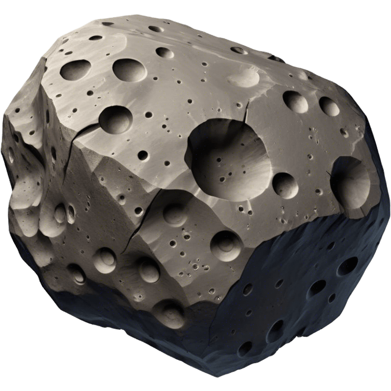  Cinematic Realistic Asteroid – A massive, irregularly shaped rock floating through the void, its cratered and pitted surface showing signs of ancient impacts. The harsh light from a nearby star reveals detailed textures and rugged, jagged edges. emoji