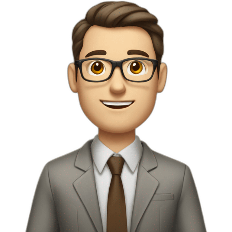 Pale skinned fit man teacher with dark brown hair in gray jacket, beige office shirt, brown tie, brown pants and vintage glasses Draws on the marker board emoji