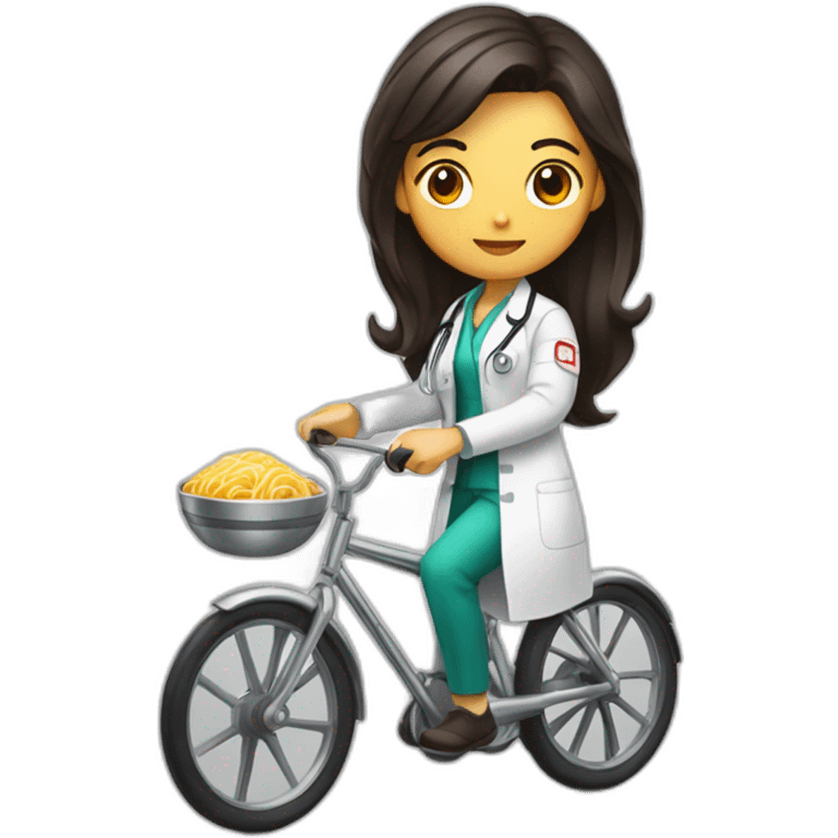 long and dark hair female doctor with a ramen bowl in her hand and riding a chrome bicycle emoji