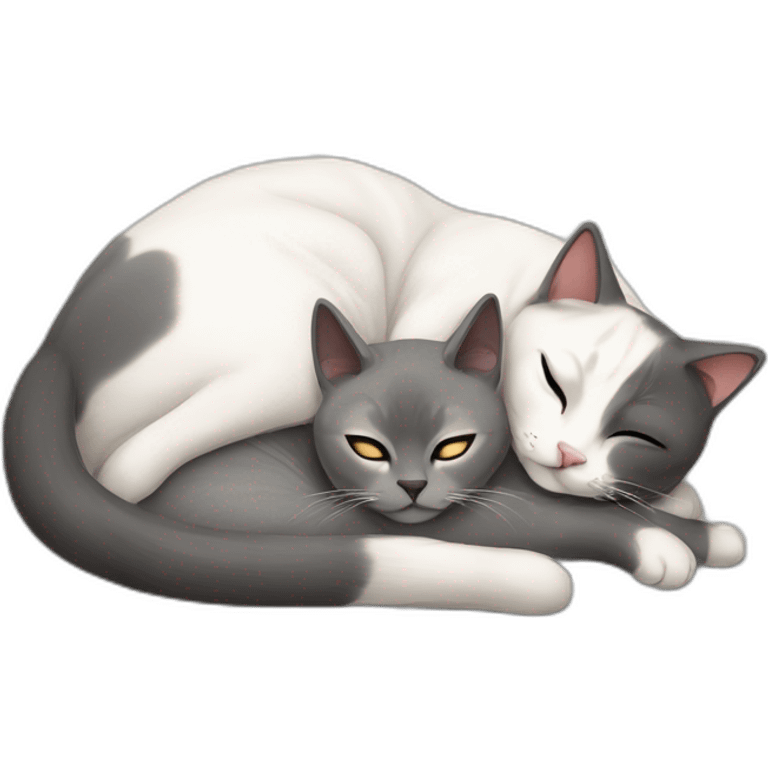 grey and white cat sleeping with siamese other cat emoji