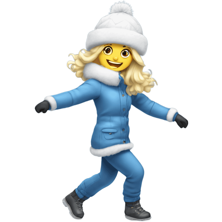 blonde girl in a fur hat and snow suit dancing in snow emoji