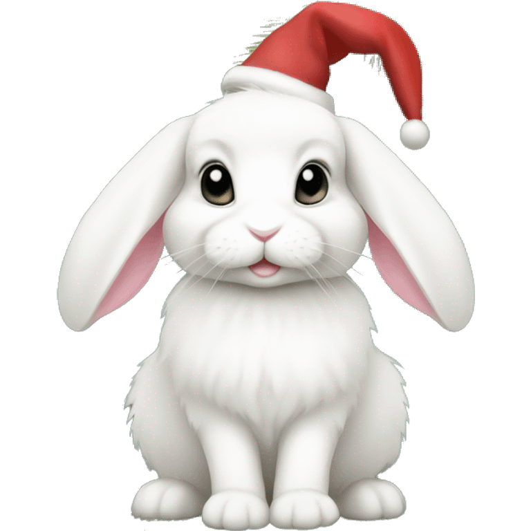 White mini lop bunny under a Christmas tree emoji