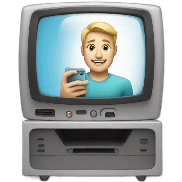 a man whit White skin looking a phone in front of a modern television emoji