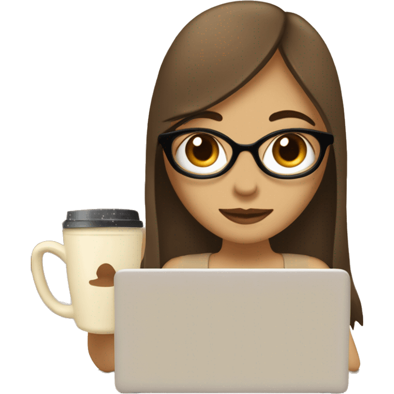 Half face of a girl behind the laptop. A a cup of coffee on the left side of the table. Books on the right side. in beige tones emoji