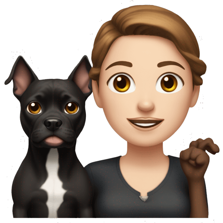 white woman with long brown hair and cat shaped eyes standing alongside a happy black pitbull  emoji