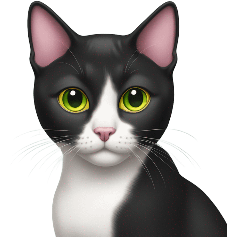 black shorthair cat with pink ears on the inside and eyes who’s color is green around the pupil and yellow around the green  emoji