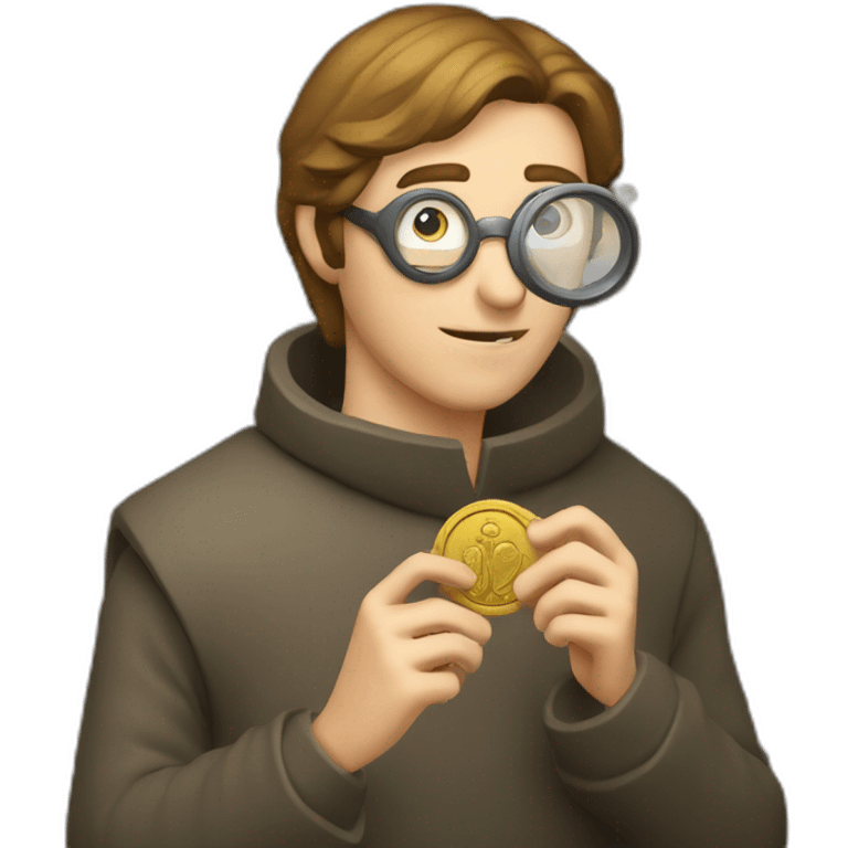 medieval coin collector, looking at a coin with a magnifying lense emoji