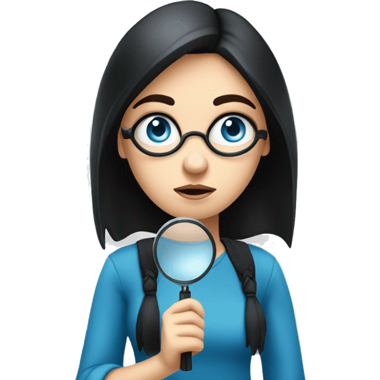 white girl with black hair and blue eyes holding a magnifying glass and suspicious look emoji