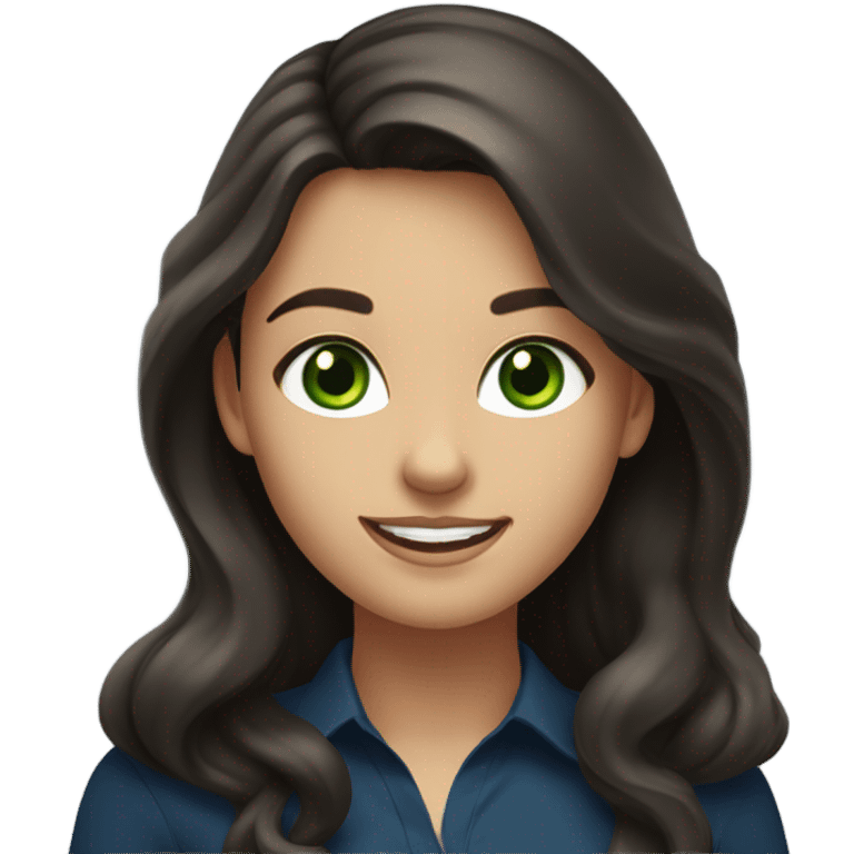 a brunette with long hair and green eyes in a dark blue blouse smiles sweetly emoji