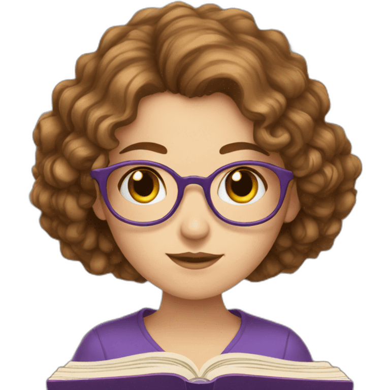 white girl with really short brown curly hair reading a purple book emoji