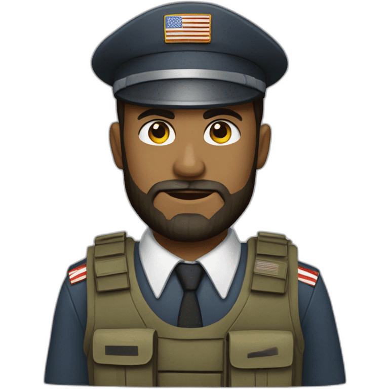 soldier with a beard, a part in hair, a white collared shirt, a bow tie, bulletproof vest with an american flag emoji