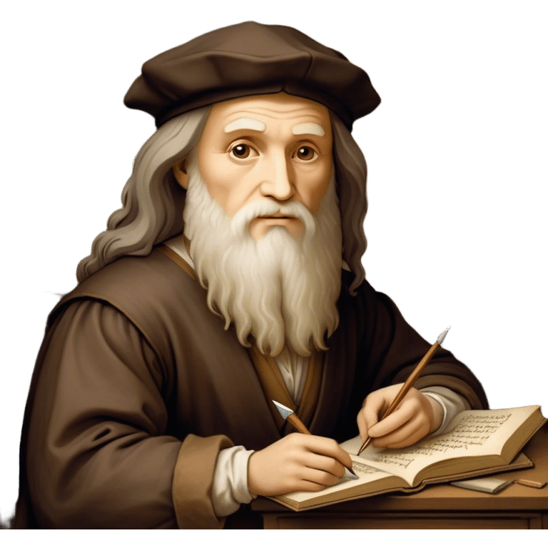 Cinematic Realistic Leonardo da Vinci Portrait Emoji, depicted as the quintessential Renaissance polymath with deep, thoughtful eyes, a flowing beard, and a quill or sketchbook in hand. The scene is illuminated with warm, classical lighting, evoking the atmosphere of a master artist’s workshop, surrounded by early sketches of inventions and masterpieces like the Mona Lisa. emoji