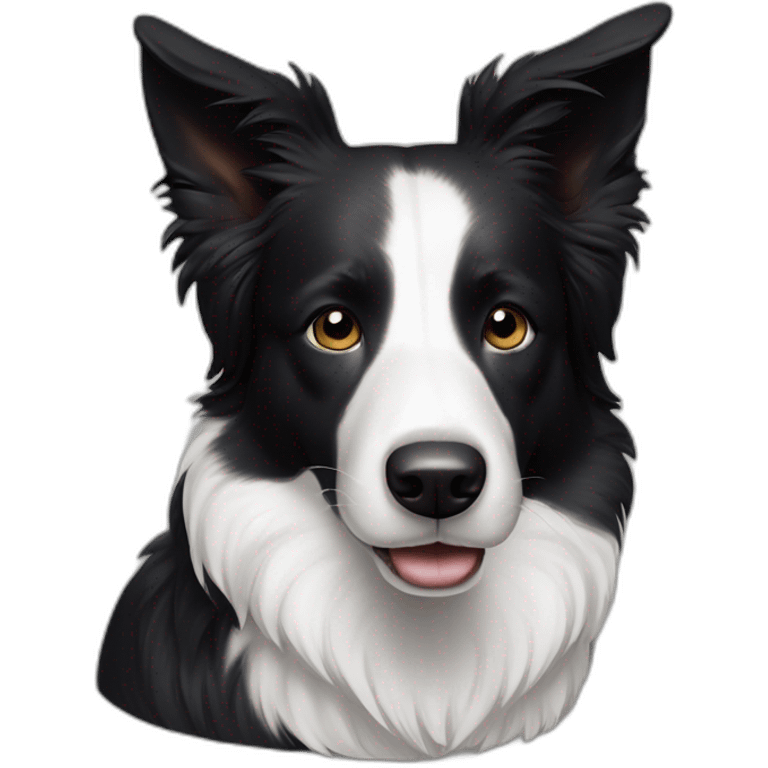 A black and white border collie with an skewed to the left white spot on his head emoji