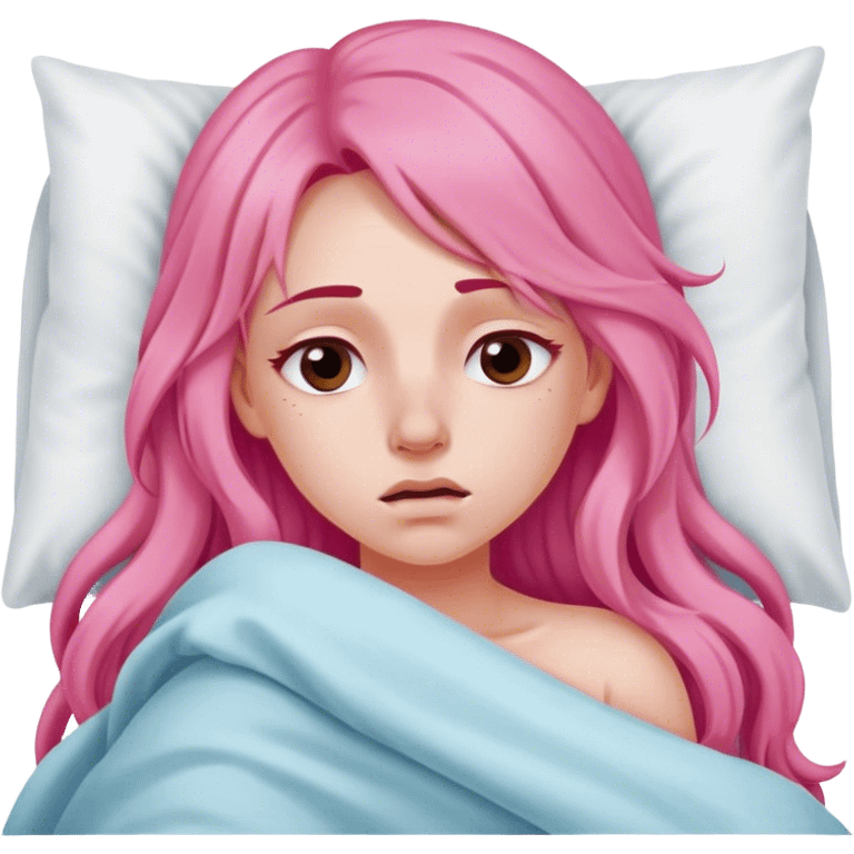 Young Woman with long pink hair In bed with sinus pain  emoji