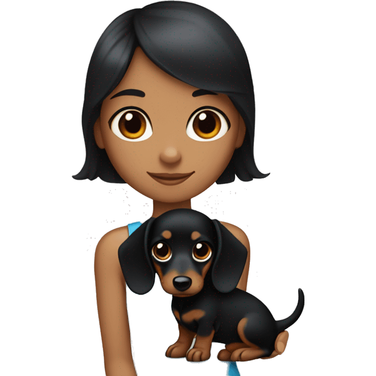 A black haired girl with blue eyes and a black and tan dachshund in her hand emoji