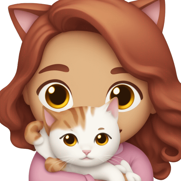 girl with long very dark red purpley wavy hair and dark brown eyes and light pink outfit hugging a white & ginger cat  emoji