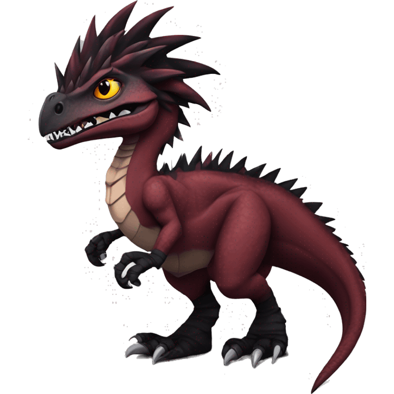 Maroon edgy badass modern sexy handsome punk velociraptor-dragon-Digimon, with black spiky mane, full body emoji