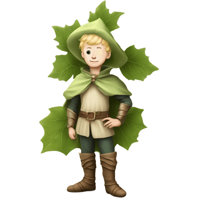 whimsical fairytale medieval pale boy who is tiny and wearing a giant leaf hat and big boots emoji