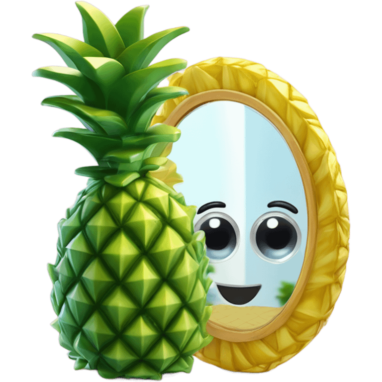 3D elegant pineapple🍍  with big shiny eyes 👀 pineapple holds mirror with its reflection 🪞🍍 emoji