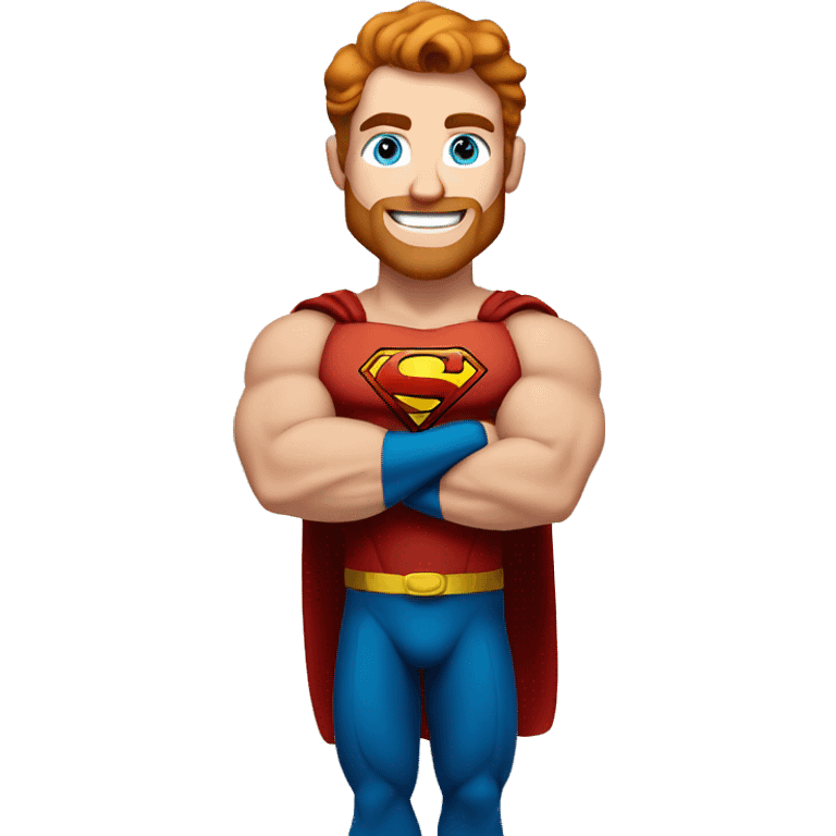 Irish superman, redish hair, blue eyes, redish brownish facial hair, muscular body, smiling emoji