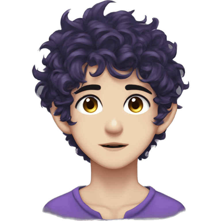 Anime boy short messy curly black hair, hai between eyes, purple eye color, elf ears, sharp slanted eyes emoji