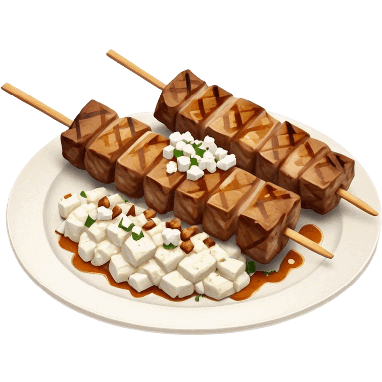 Souvlaki Cinematic Realistic Souvlaki Dish Emoji, depicted as skewered, grilled meat served with a side of crumbled feta cheese, rendered with rich textures and dynamic, appetizing lighting. emoji