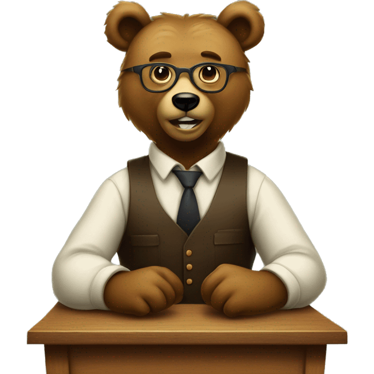 bear wearing glasses sitting in front of old school desk with suspenders emoji