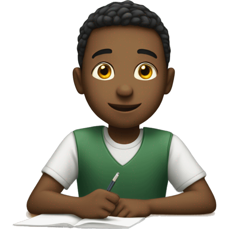 boy is sitting at school desk, hand is raised emoji