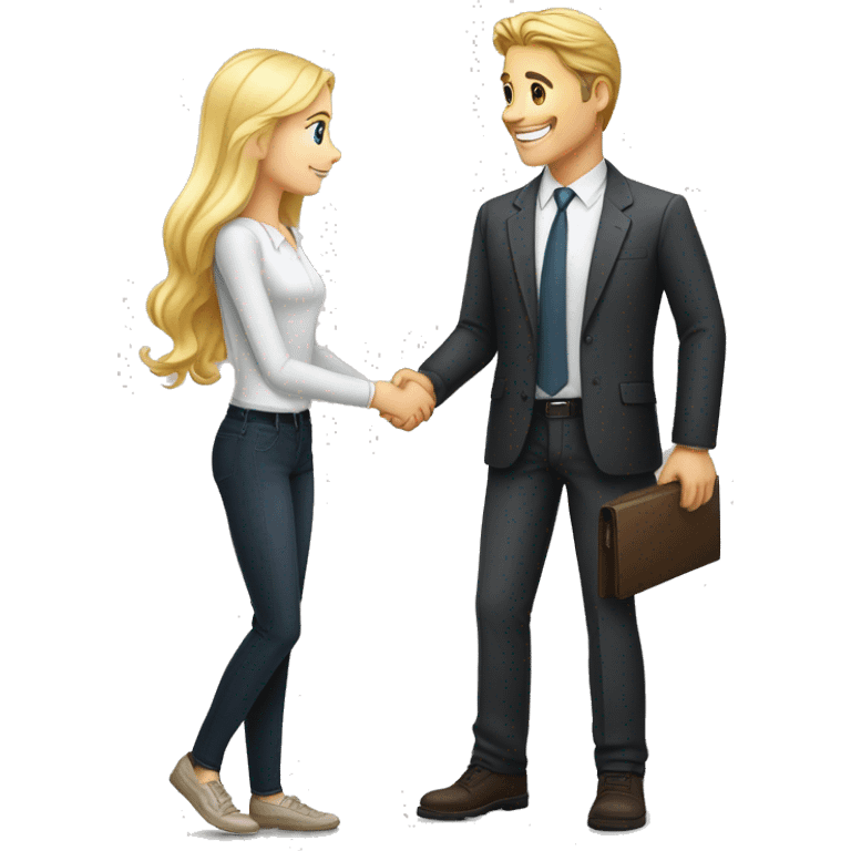 A 40-year-old fair-skinned businessman shakes hands with an 18-year-old fair-skinned blonde girl, full-length emoji emoji