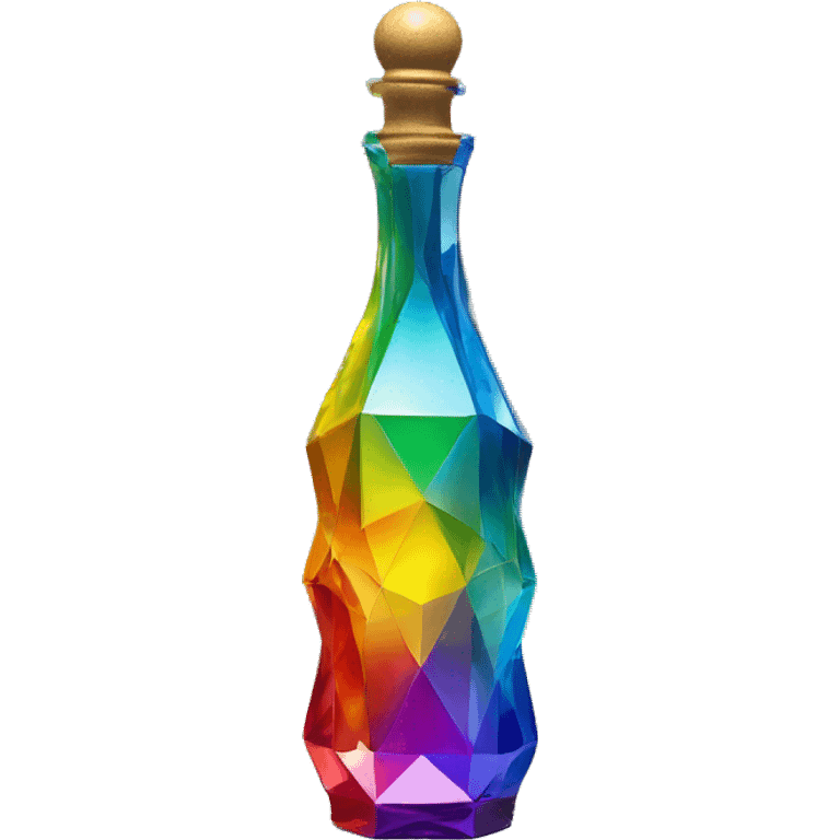 symbolic all-energies in a bottle sculpture symbolizing chromatic light with a geometric, faceted design. The bottle is standing upright with angular and baroque features. The vibrant rainbow of colors highlights the sharp edges and planes.  emoji