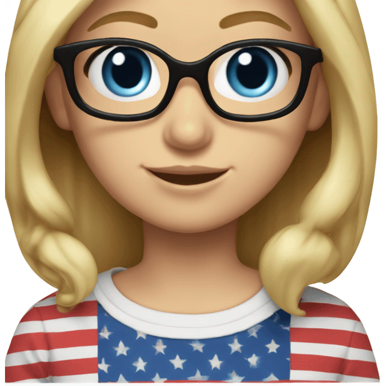 A girl wearing an American flag shirt, pretty, medium blonde hair, blue eyes, glasses, white teeth, freckles emoji