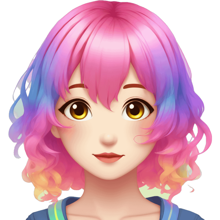 Gorgeous anime style shojo character with blushing face aesthetic and pretty colorful shiny gradient neon rainbow hair with hair garment trending style emoji