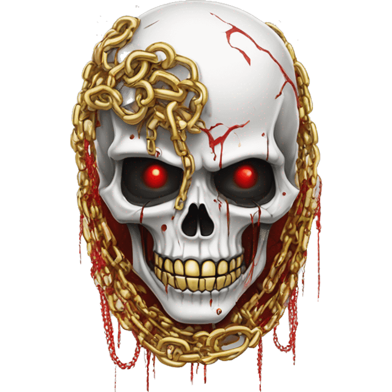 White skeleton zombie person covered in golden chains and black graffiti scribbles and red and silver doodles emoji