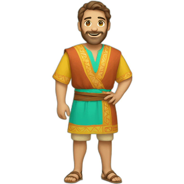 Man in colorful tunic with brown hair and sandals in the field emoji