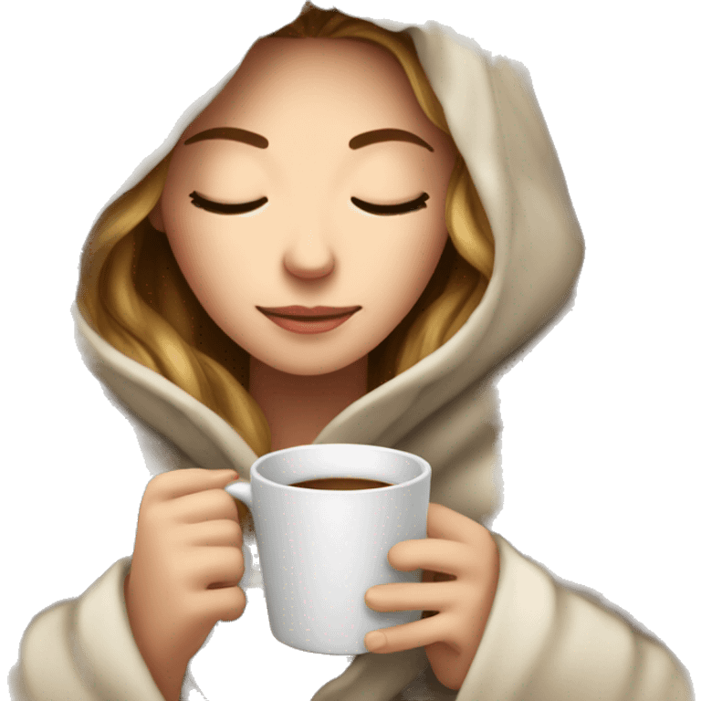 White girl inside a blanket sipping coffee eyes closed emoji