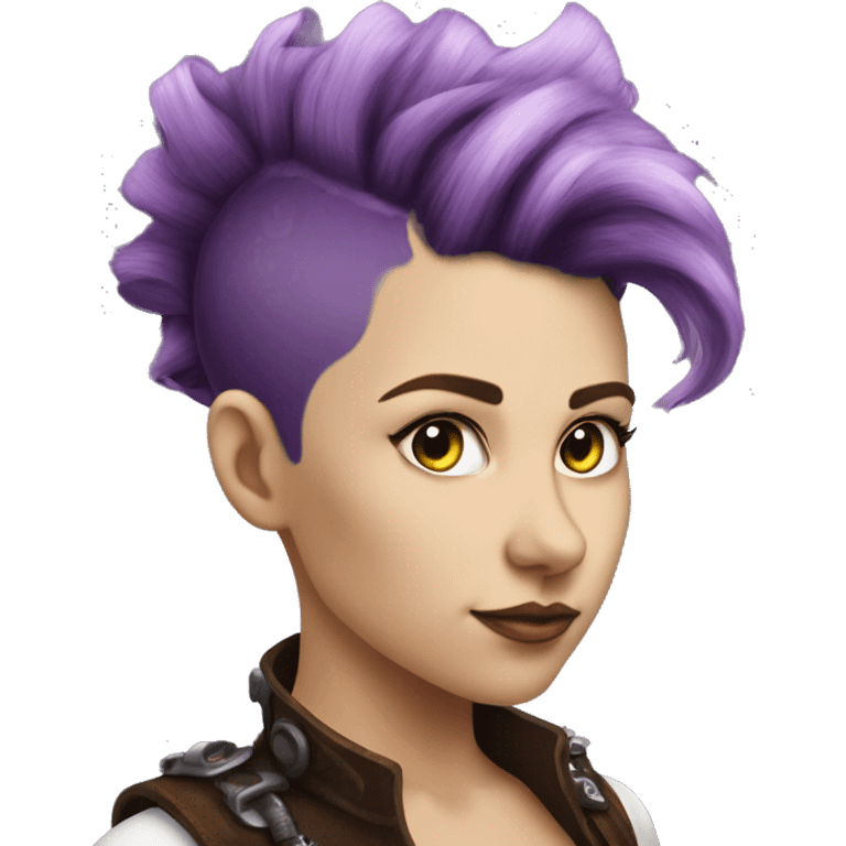 Photorealistic steampunk profile short mohawk purple wavy  on Caucasian girl with small nose round face emoji