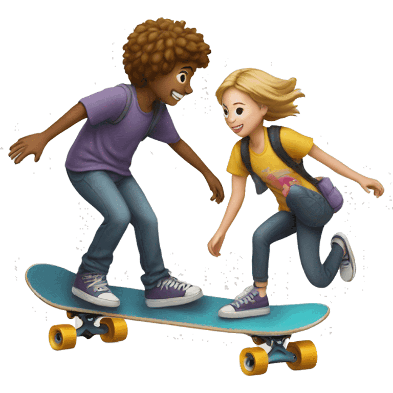 A young person on a skateboard is pushed by another emoji