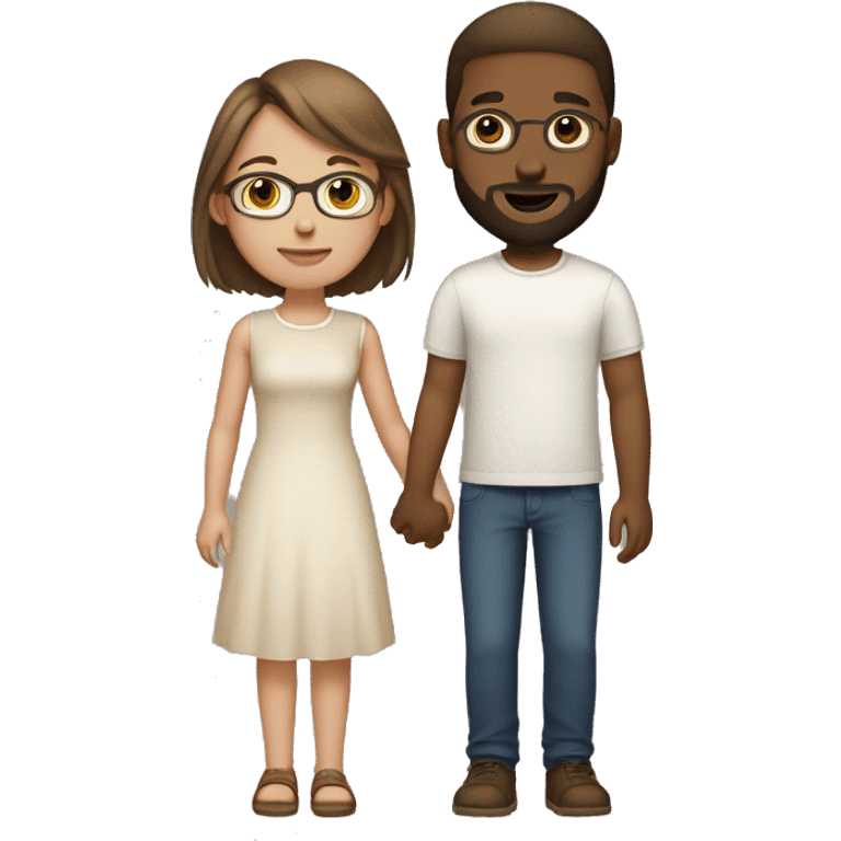 Couple holding hands, girl has light brownish complexion with short hair and rectangular frames, The boy is whitish brown and has trimmed beard emoji