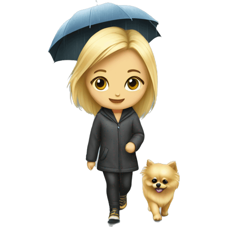 Blonde girl walking pomeranian under the rain emoji