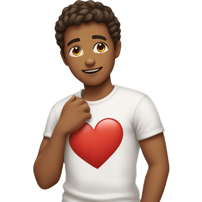 young man touching his chest, wearing a heart t-shirt emoji