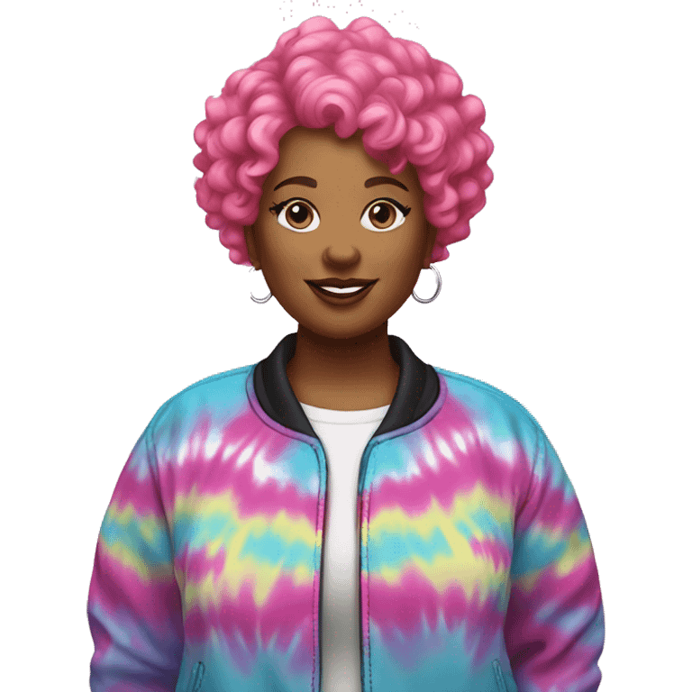 Plus size black woman with pink curly pixie cut hair and a tie dye jacket  emoji