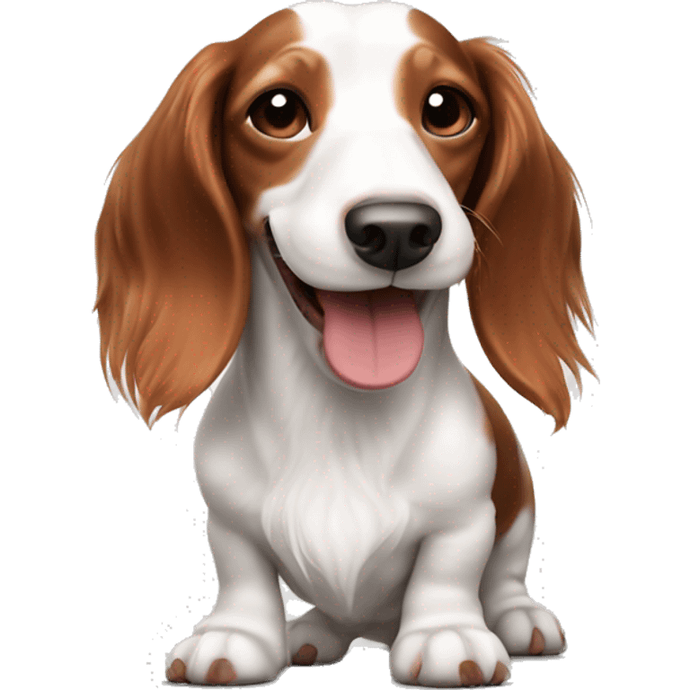 Long haired white and red piebald dachshund smiling whole body emoji