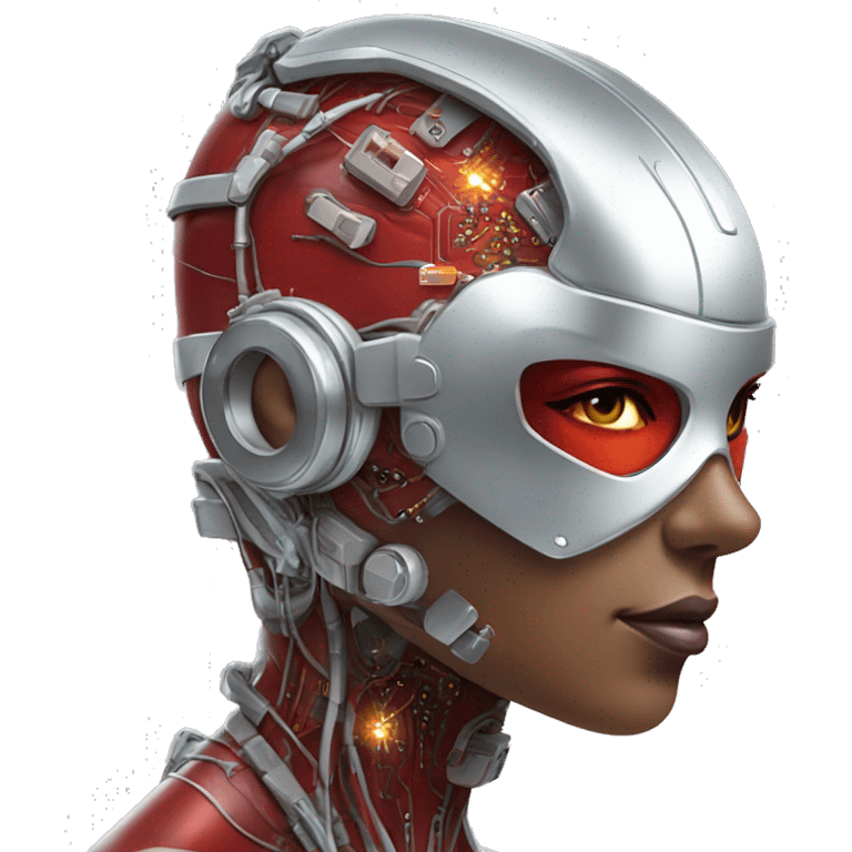 Red skin female cyborg head with silver goggles, silver circuits emoji