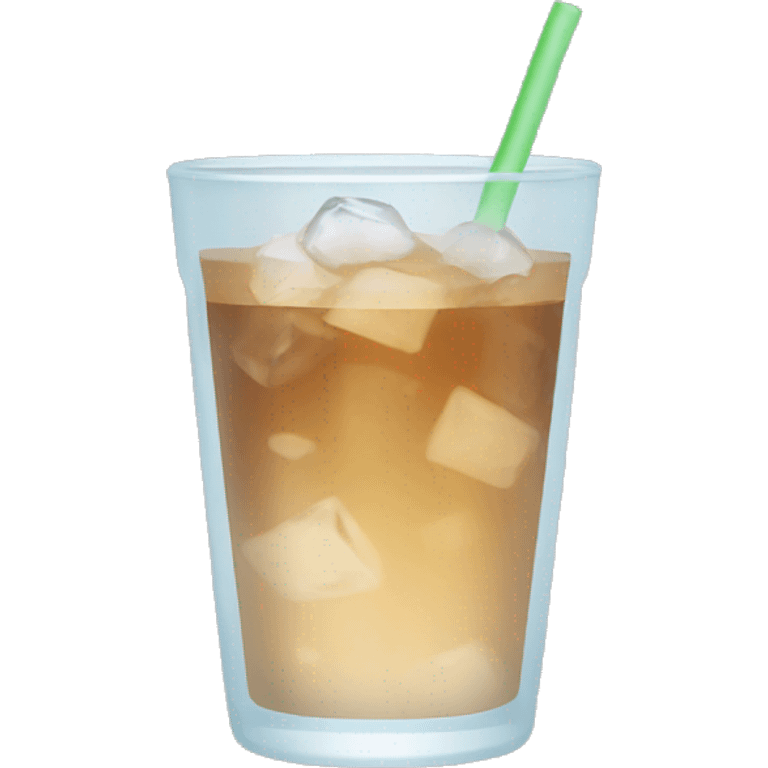 Clear glass cup with light brown drink, ice, and strawemoji emoji