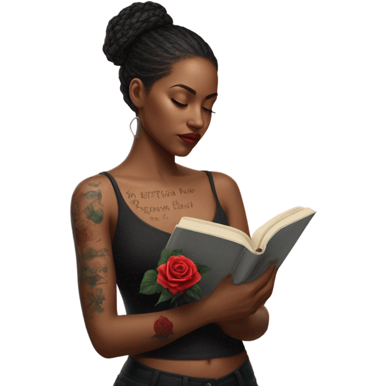 Hyper Realistic beautiful woman model with a small rose tattoo reading a book  emoji