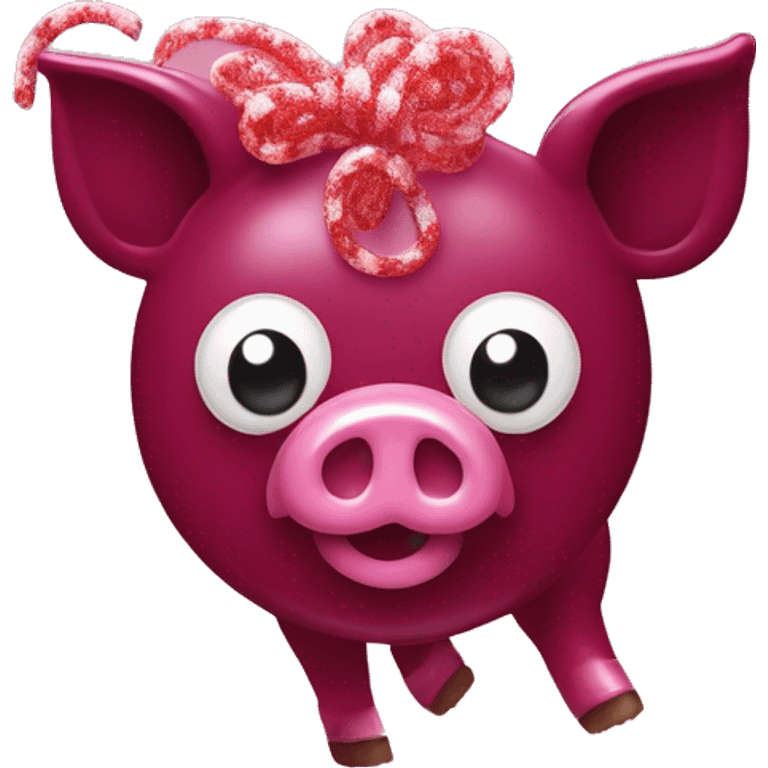 Sparkling Pig made of maroon sparkling sour candy laces andc sweets walking covered in sugar  emoji