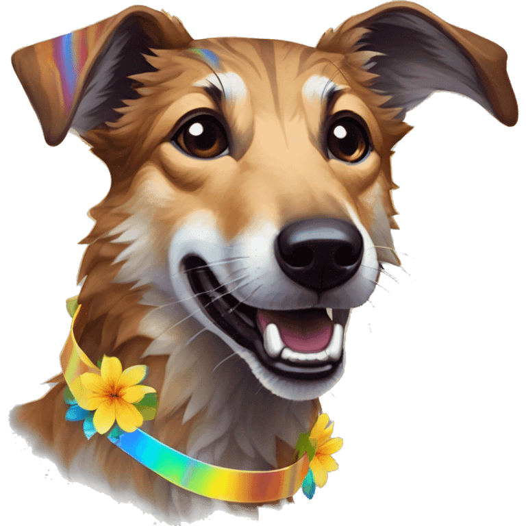  brindle brown black maroon striped lurcher Alsatian fox running blue eyes and iridescent holographic oilslick harness wearing paper iridescent tropical flower crown yellow caution tape emoji