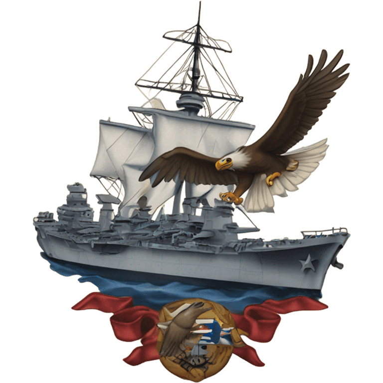 A traditional American tattoo of an flying eagle with a world war 2 battleship  emoji